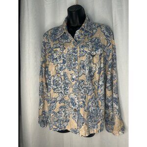 Ruby Rd. Petite 16W Floral Button-Up Shirt Blue & Beige Cotton/Flax
